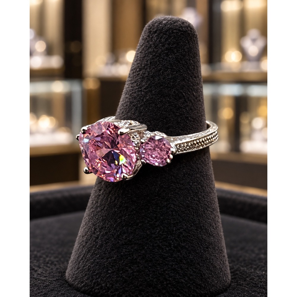 10K White Gold Filled Pink CZ Three Stone Cocktail Ring Size 7.25